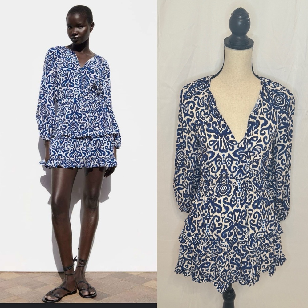 Zara Printed Blue & White Boho Long Sleeve Mini Dress
